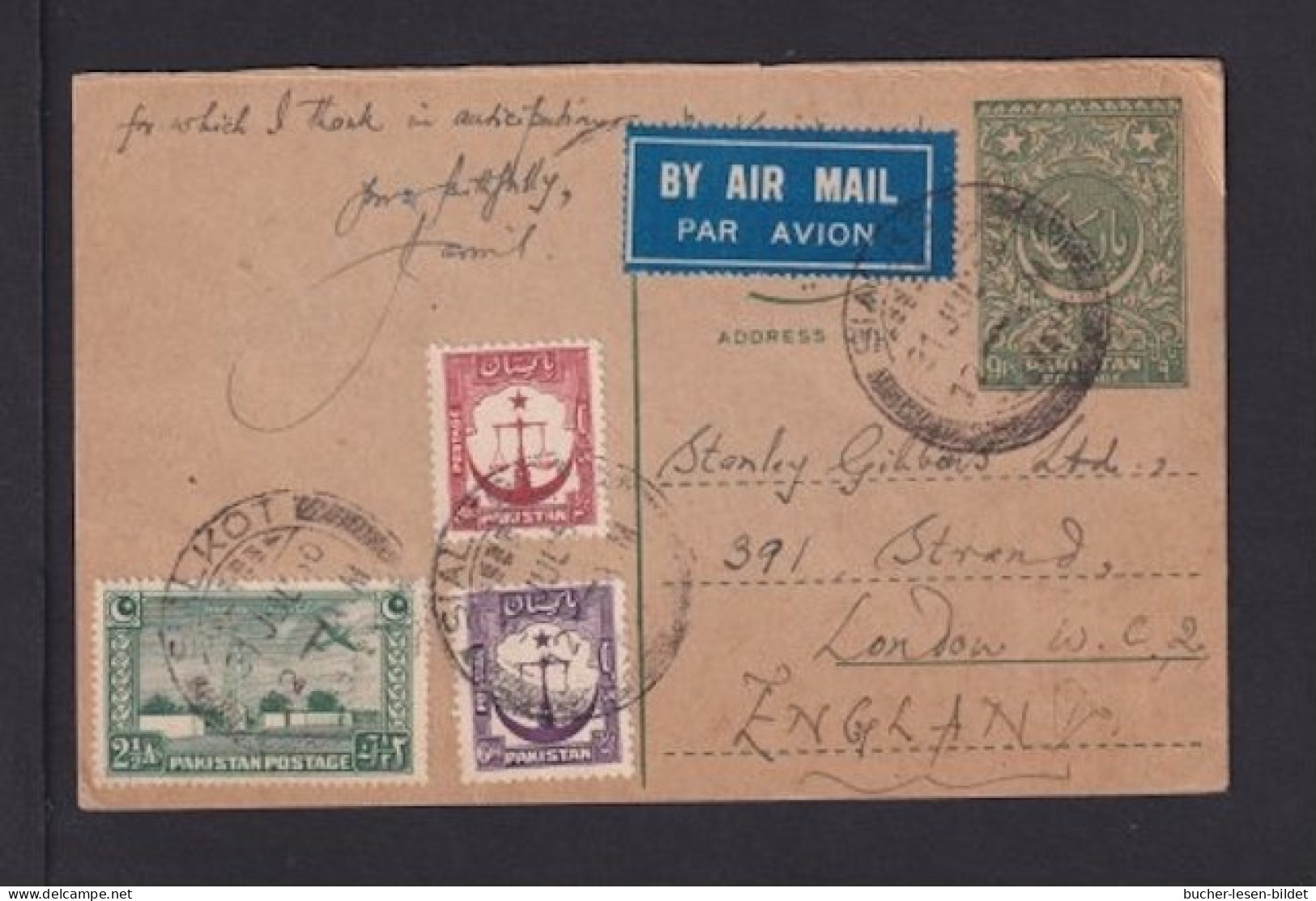1950 - 9 Ps. Ganzsache Mit Zufrankatur Per Luftpost Ab SIALKOT Nach London - Pakistan