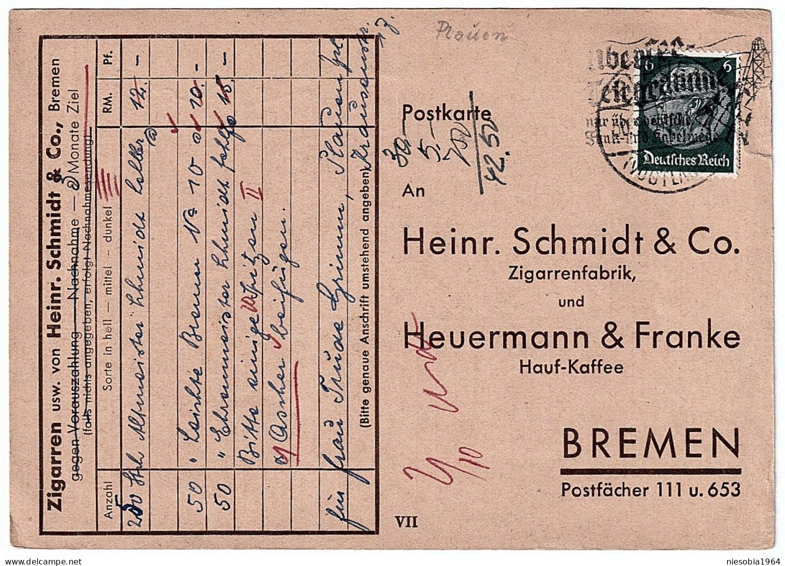 Nazi Germany H.Schmidt & Co.Cigar Factory, Heurenmann & Franke Hauf-Kaffe BREMEN Seal Plauen 30.09.1937 - Cartes Postales