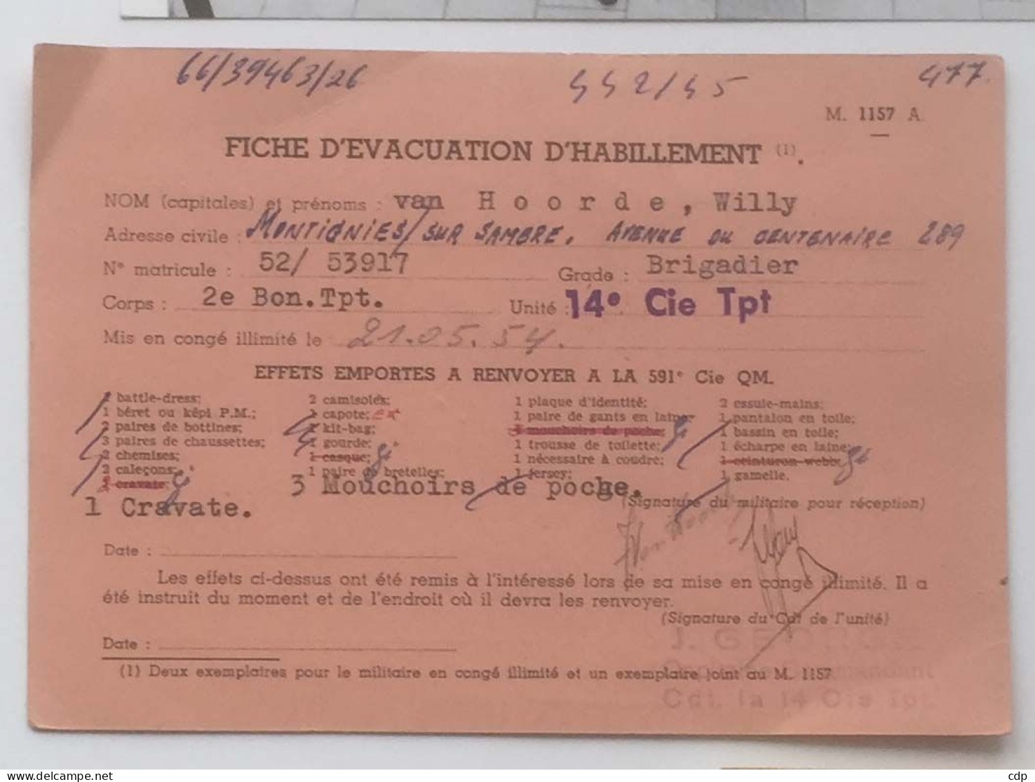 Militaria   Fiche D'évacuation D'habillement    1954 - Documents