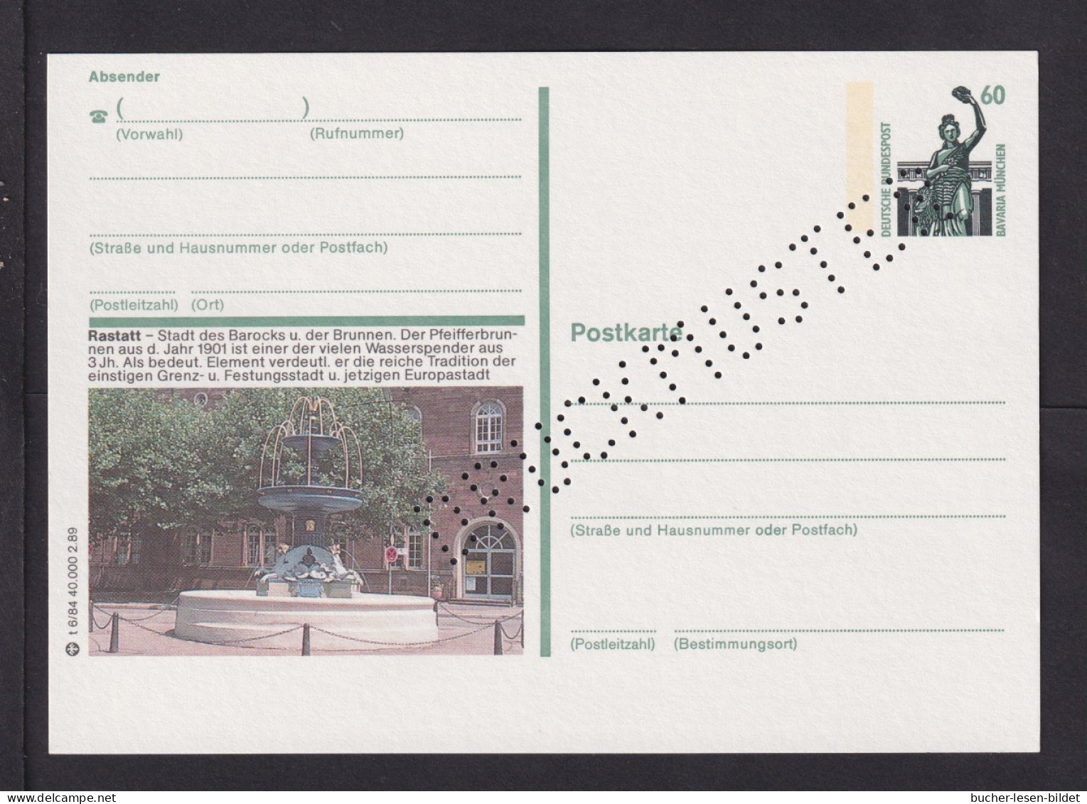 60 Pf. Bild-Ganzsache "Rastatt - Brunnen" - DRUCKMUSTER - Autres & Non Classés