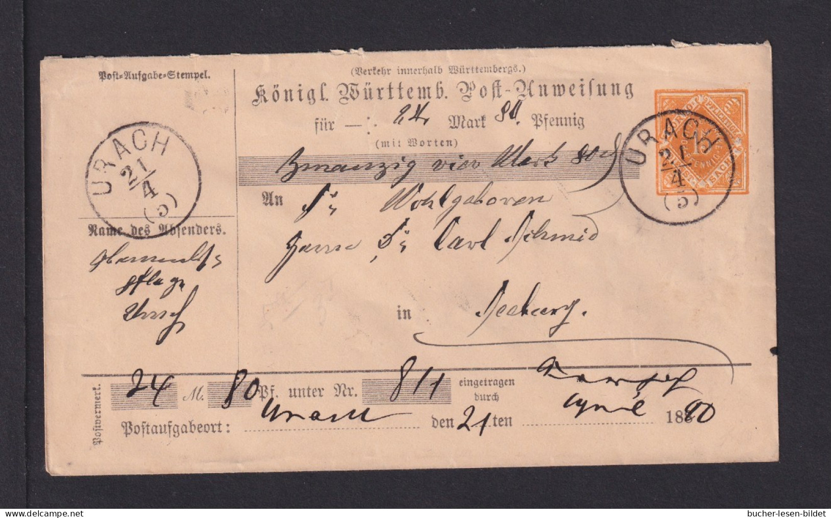 1890 - 15 Pf. Dienst-Postanweisung Ganzsache (ADU 3) Ab Urach - Autres & Non Classés