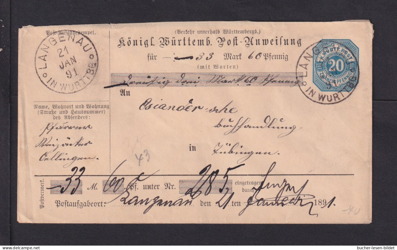 1891, 21.10. - 20 Pf. Postanweisung Ganzsache (AU 43 - Frühdatum) Ab Langenau Nach Tübingen - Autres & Non Classés
