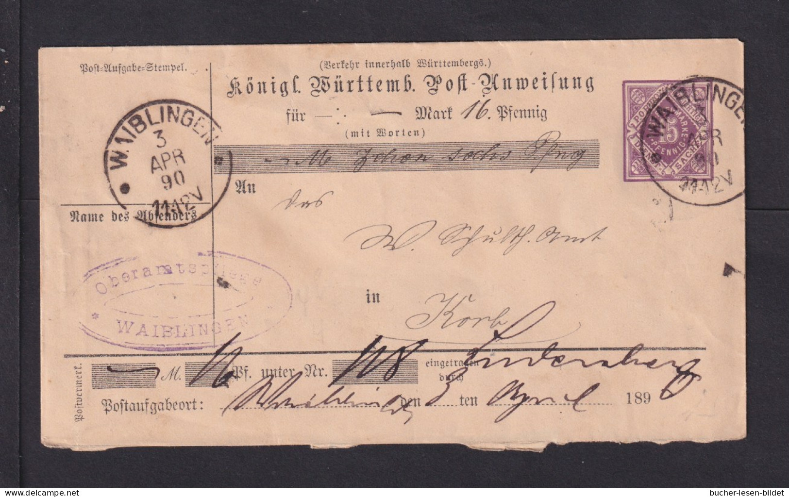 1890 - 15 Pf. Dienst-Postanweisung Ganzsache (ADU 4II) Ab Waiblingen - Autres & Non Classés
