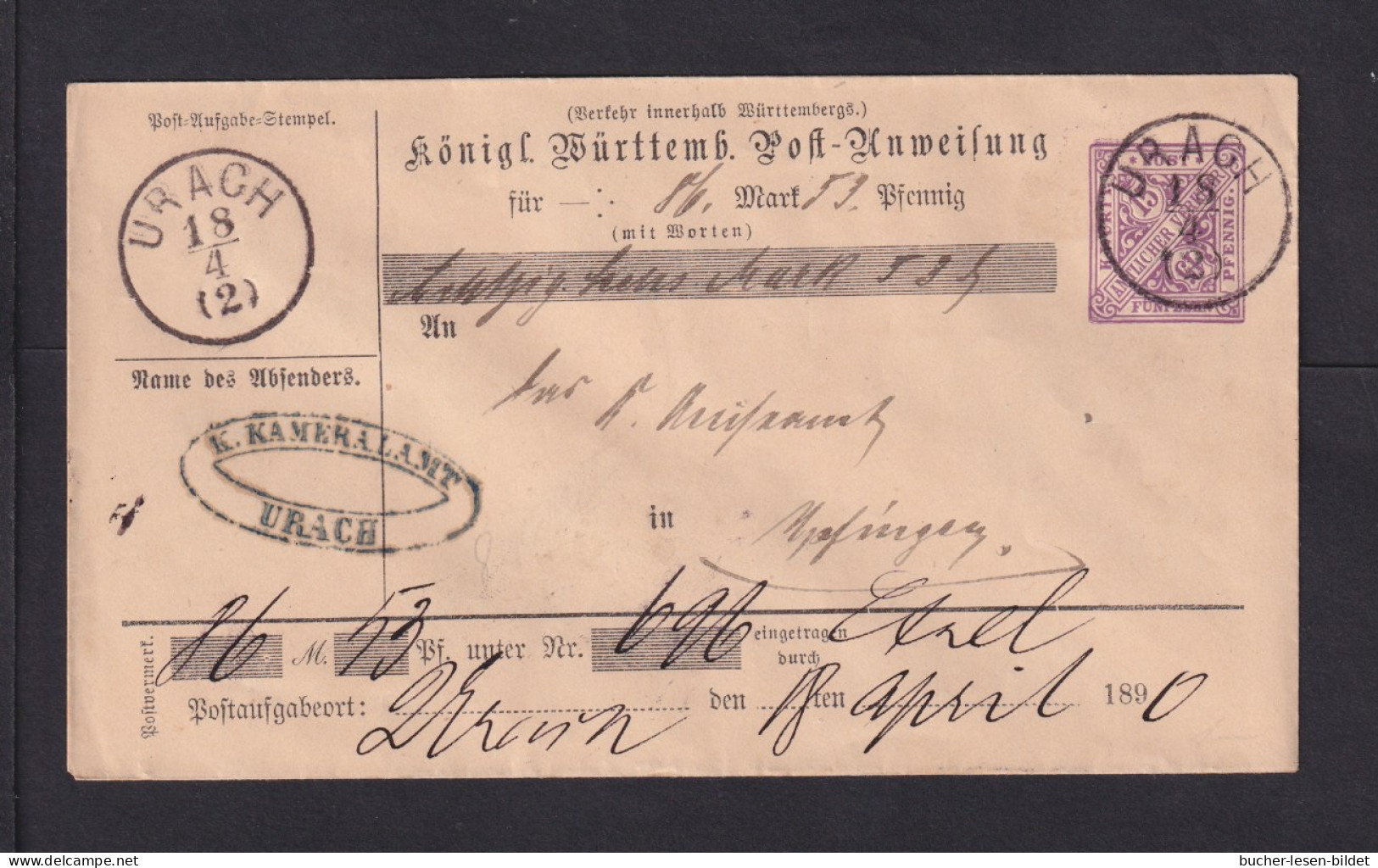 1890 - 15 Pf. Dienst-Postanweisung Ganzsache (ADU 17III) Ab Urach - Autres & Non Classés