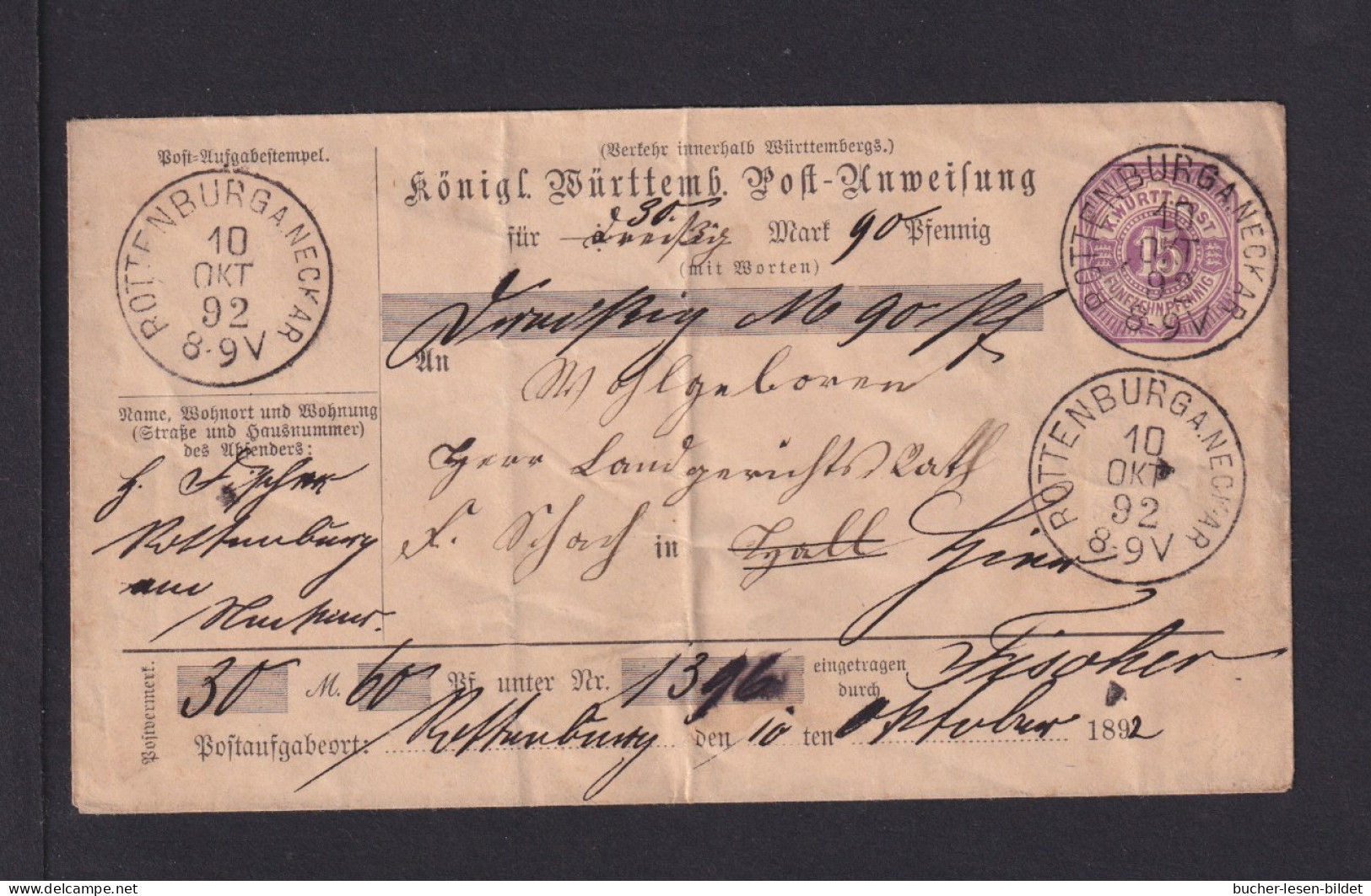 1892 - 15 Pf. Postanweisung Ganzsache (AU 42) Ab Rottenburg  - Autres & Non Classés