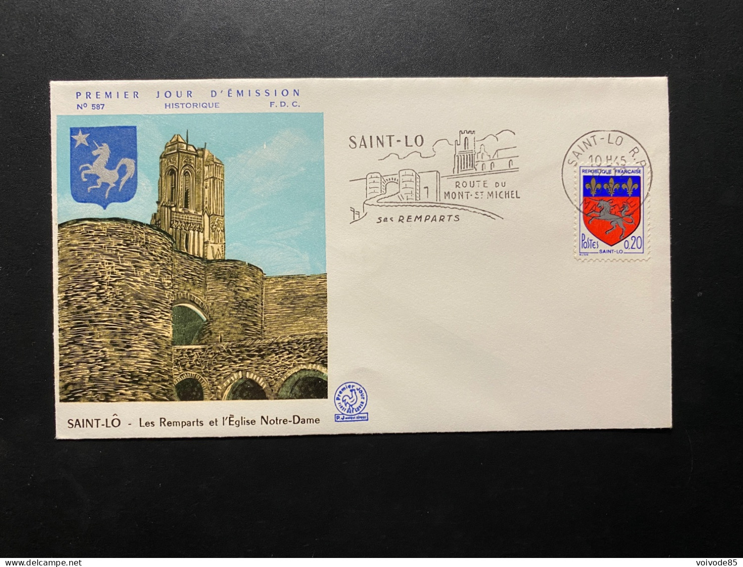 Enveloppe 1er Jour "Armoiries Saint Lô" 17/12/1966 - Flamme - 1510 - Historique N° 587 - 1960-1969
