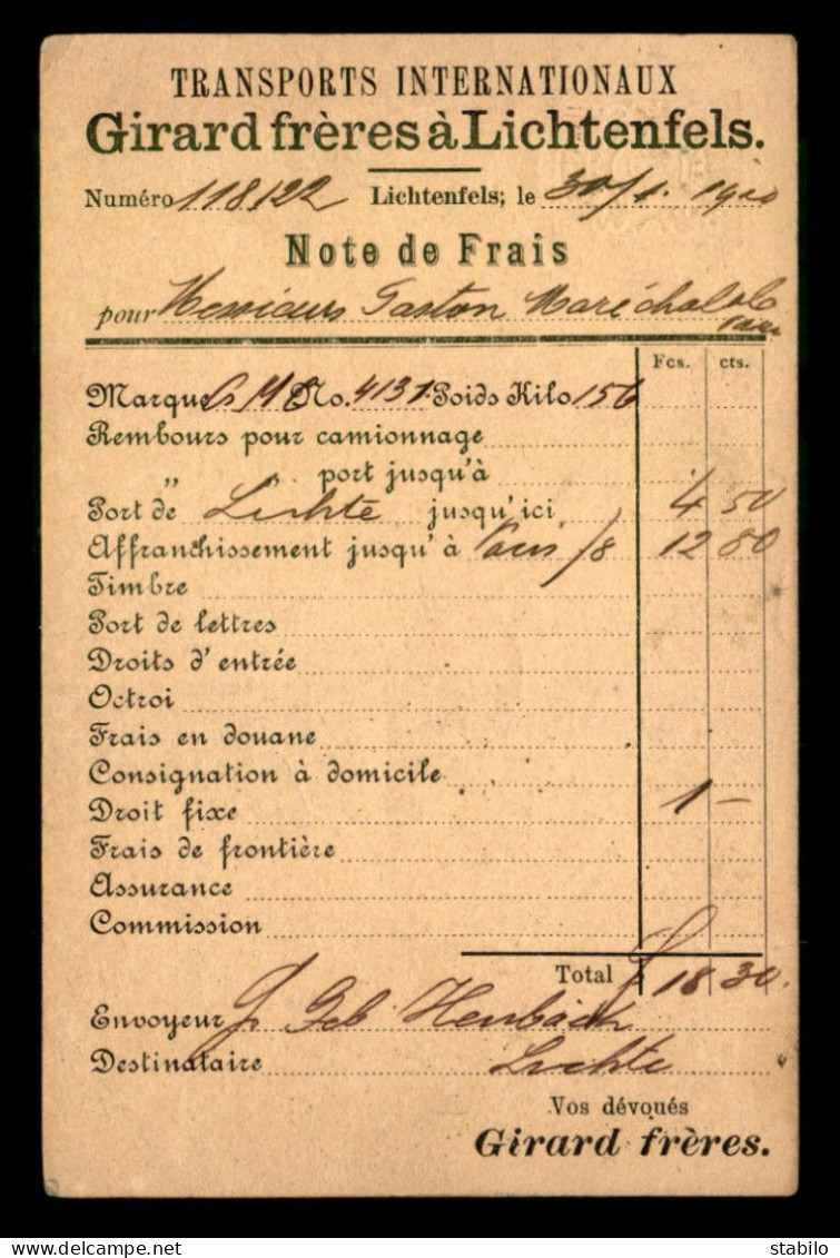 ALLEMAGNE - LICHTENFELS - TRANSPORT INTERNATIONAUX GIRARD FRERES - NOTE DE FRAIS - Lichtenfels