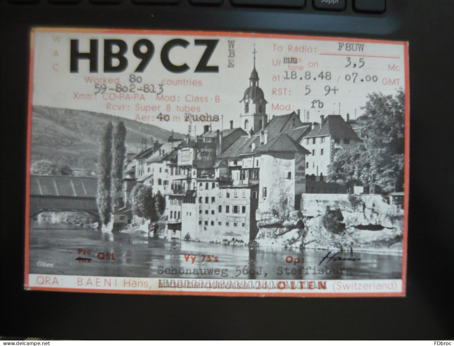 Carte Photo QSL Radio Amateur OLTEN CH SUISSE Switzerland  HB9CZ Année 1948 - Radio Amateur