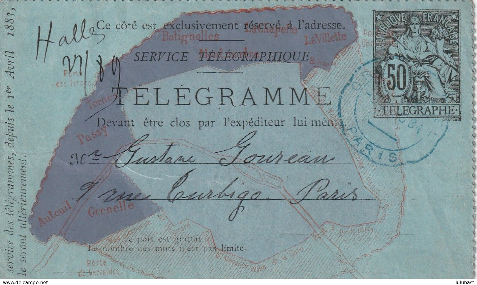 Carte Télégramme (50c.avec Plan De Paris Violet) N° 2528. - Pneumatiques