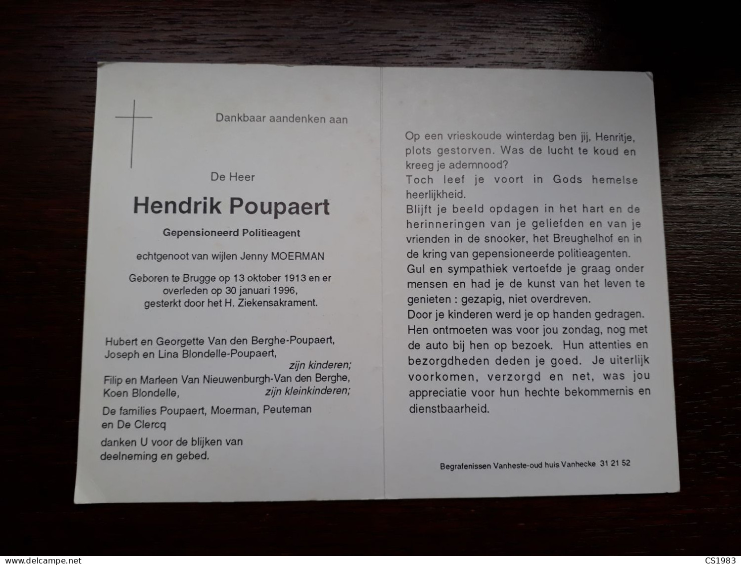 Politieagent - Hendrik Poupaert ° Brugge 1913 + Brugge 1996 X Jenny Moerman (Fam: Peuteman - De Clercq) - Décès
