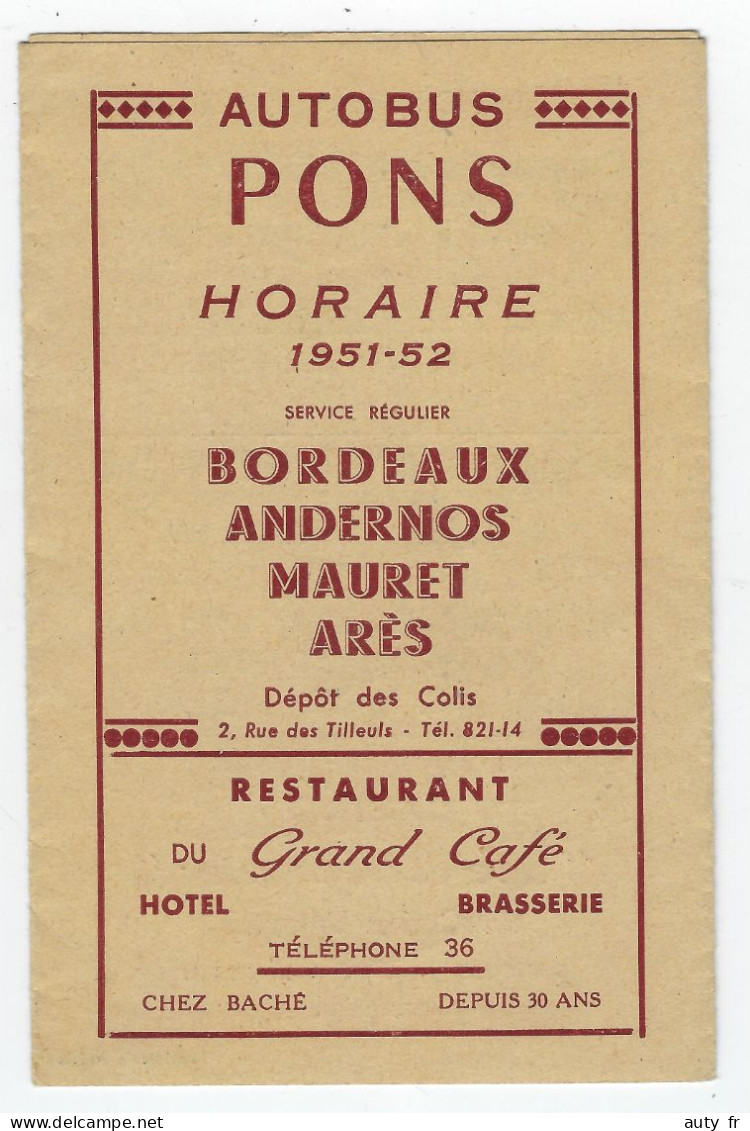 Autobus PONS Bordeaux Andernos Mauret Arès - Horaires 1951-1952 - Europe