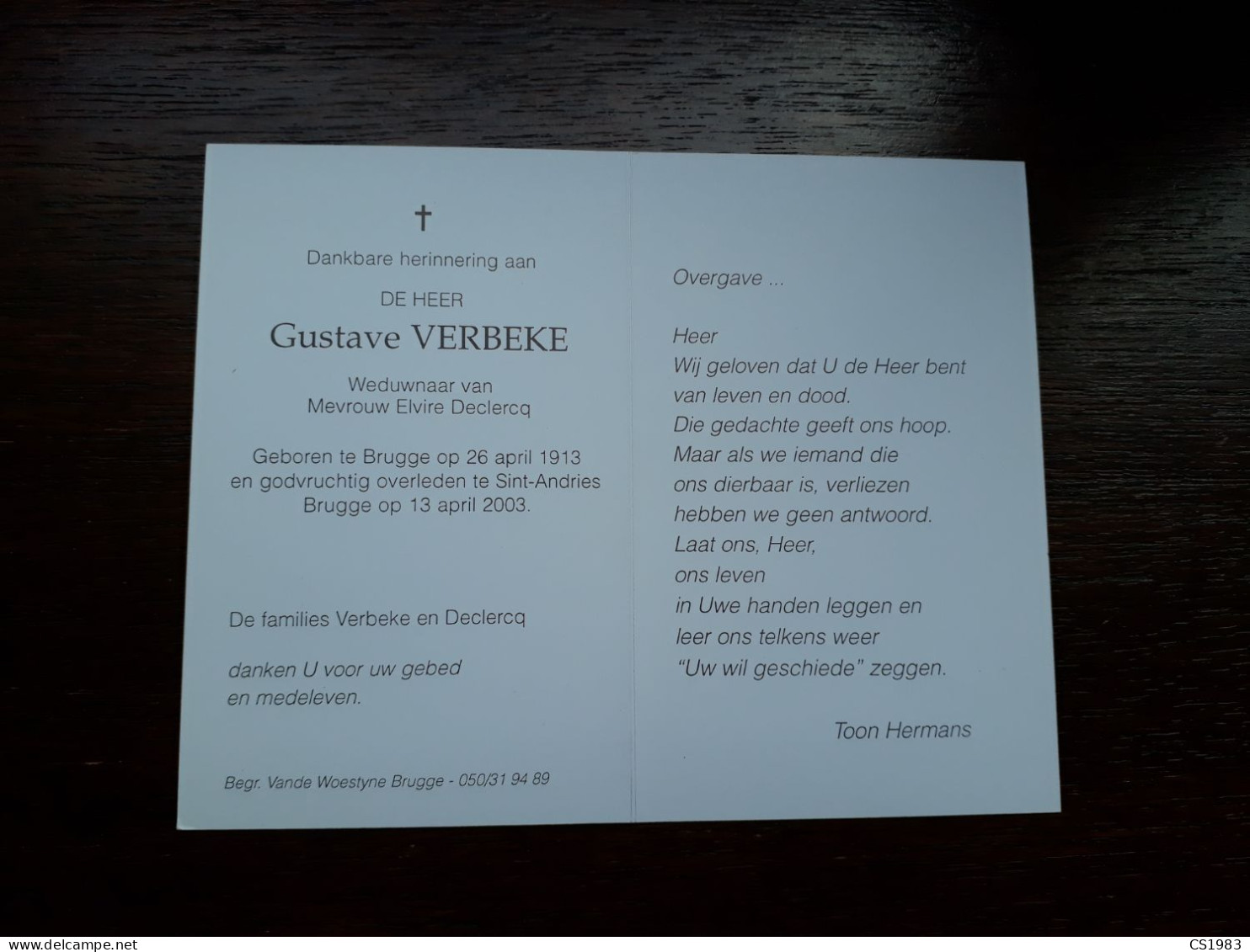 Gustave Verbeke ° Brugge 1913 + Sint-Andries Brugge 2003 X Elvire Declercq - Obituary Notices