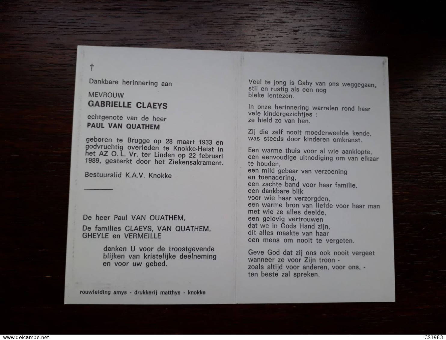 Gabrielle Claeys ° Brugge 1933 + Knokke-Heist 1989 X Paul Van Quathem (Fam: Gheyle - Vermeile) - Obituary Notices