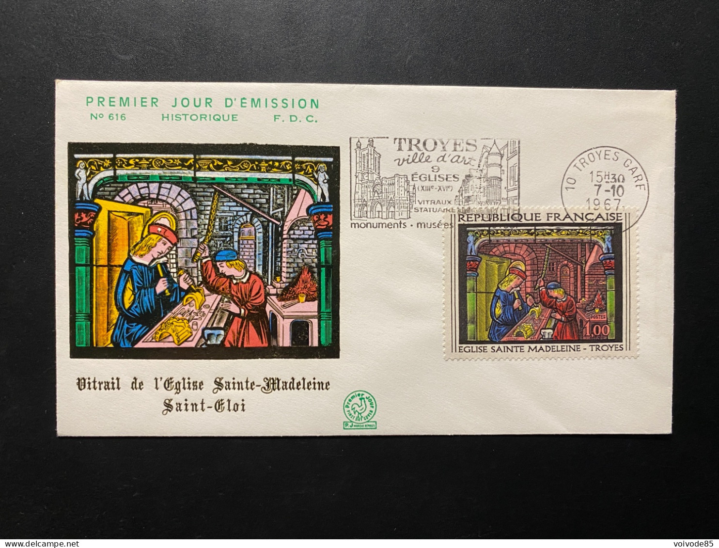 Enveloppe 1er Jour "Vitrail De L'Eglise Sainte Madeleine - Saint Eloi" 07/10/1967 - Flamme - 1531 - Historique N° 616 - 1960-1969