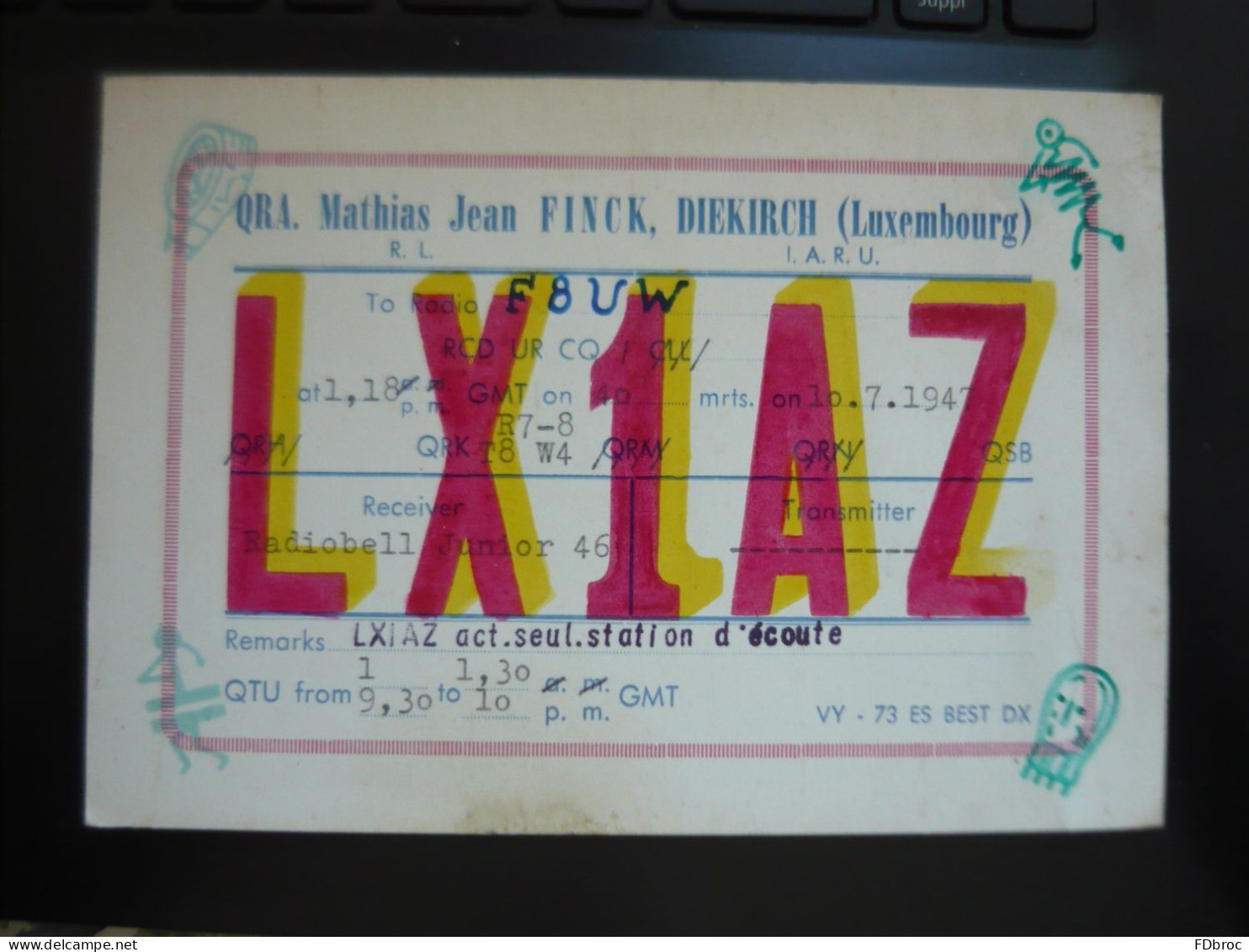 Carte QSL Radio Amateur QRA M.J. Finck LUXEMBOURG LX1AZ Année 1947 - Radio-amateur