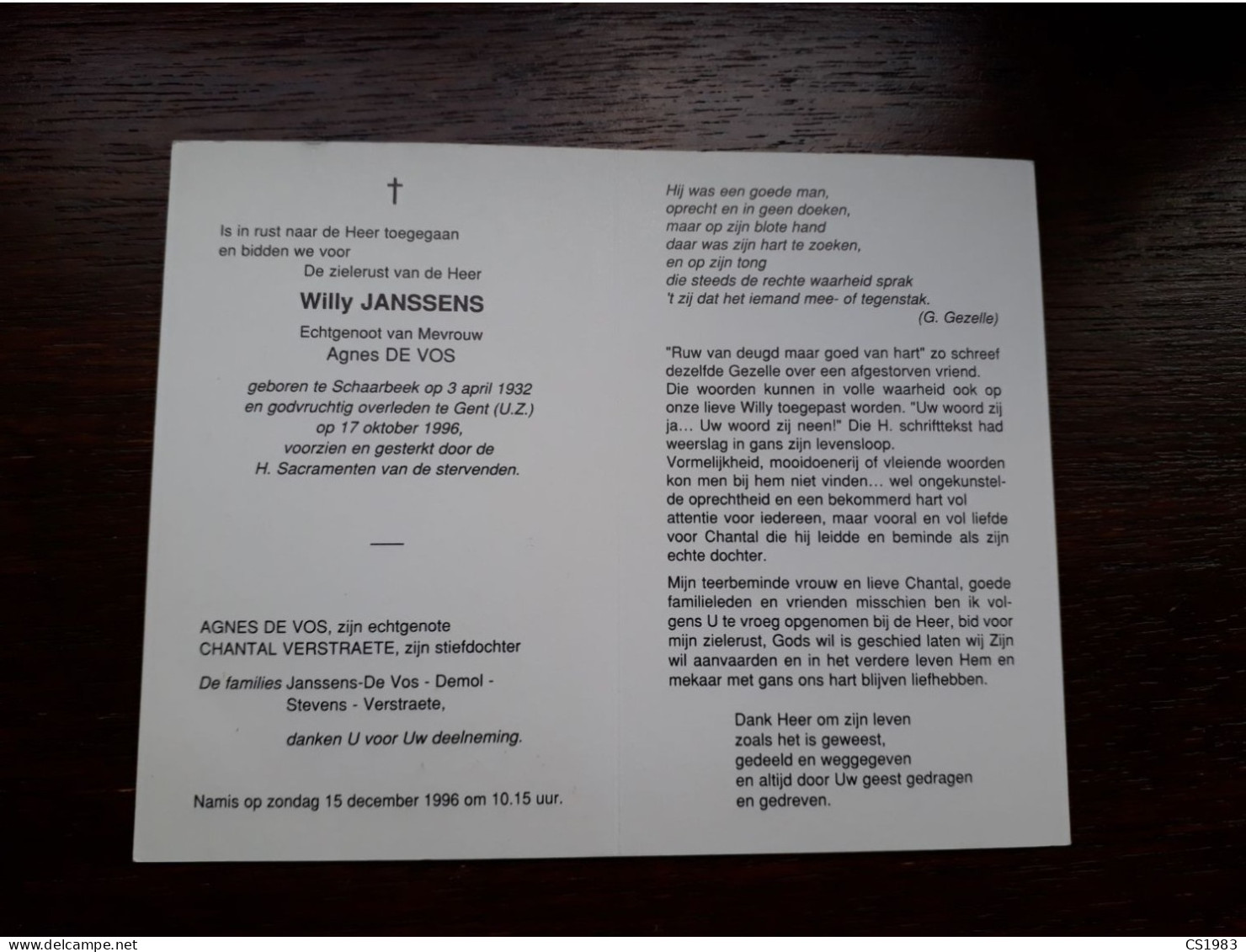 Willy Janssens ° Schaarbeek 1932 + Gent 1996 X Agnes De Vos (Fam: Demol - Stevens - Verstraete) - Obituary Notices