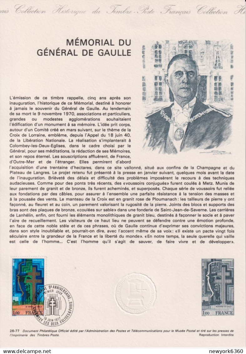 1977 FRANCE Document De La Poste Mémorial Du Général De Gaulle  N° 1941 - Documents Of Postal Services