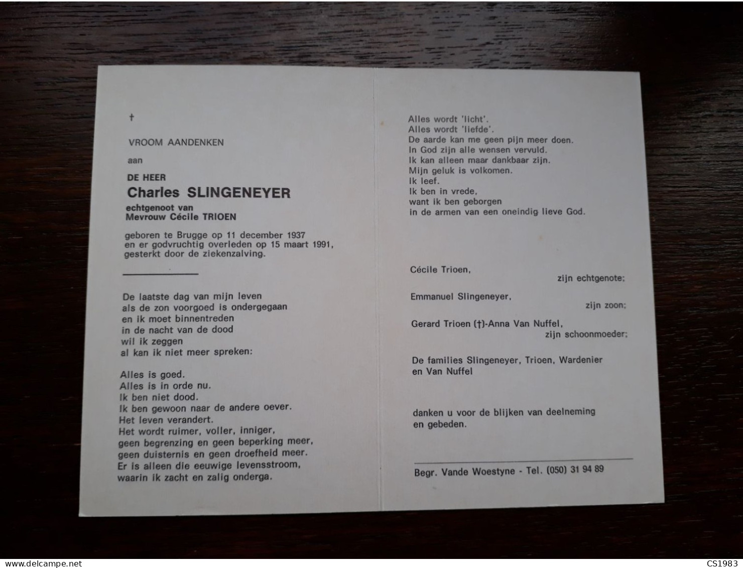 Charles Slingeneyer ° Brugge 1937 + Brugge 1991 X Cécile Trioen (Fam: Wardenier - Van Nuffel) - Obituary Notices