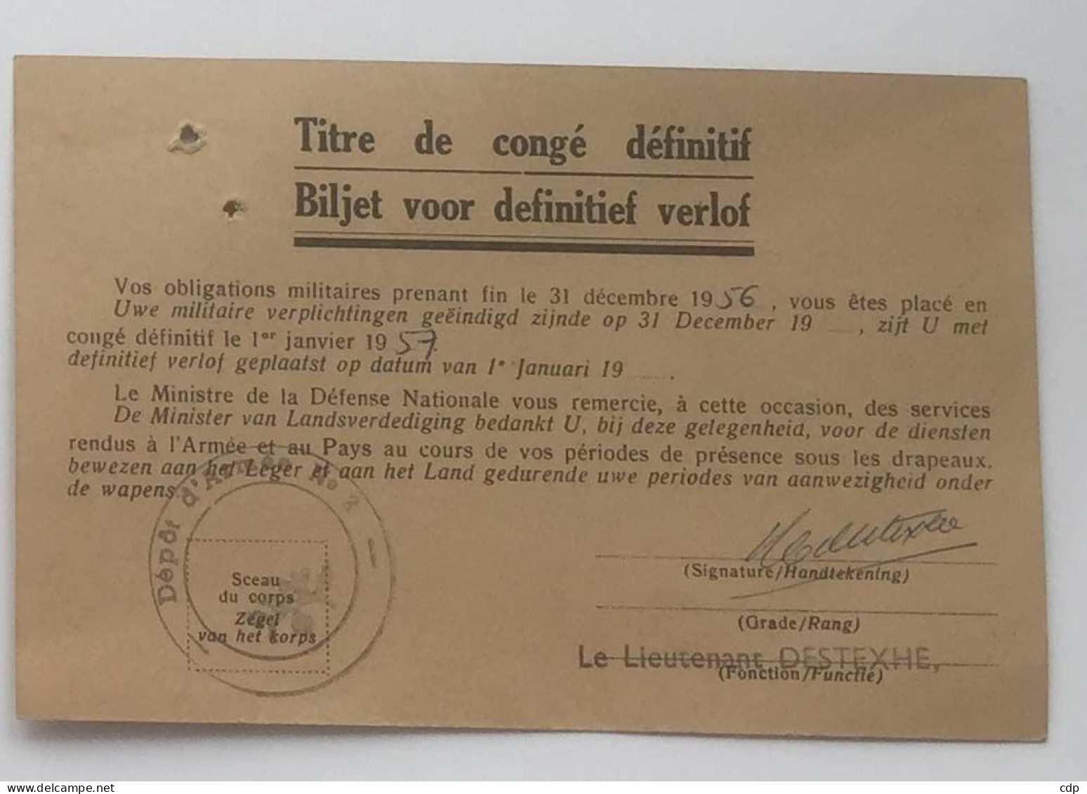 Militaria  Titre De Congé Définitif - Documents