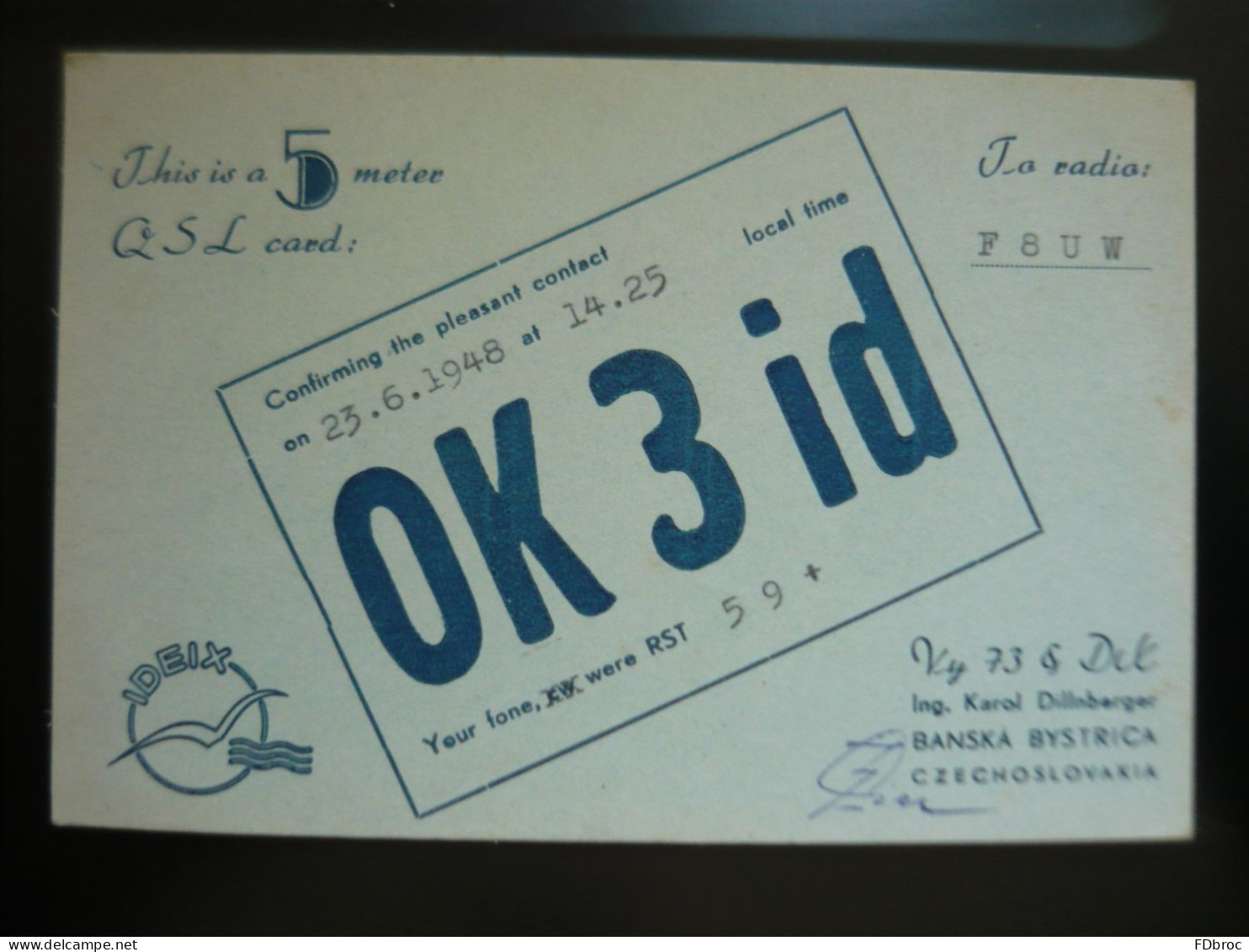Carte QSL Radio Amateur CZECHOLOVAKIA  OK3ID  Année 1948 - Radio-amateur