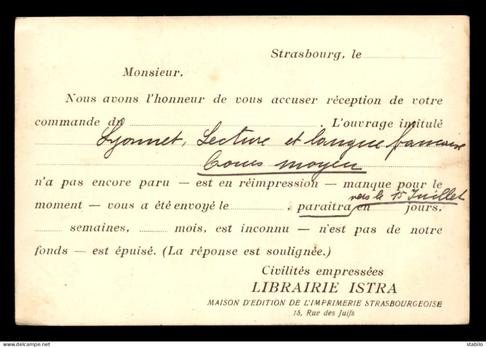 67 - STRASBOURG - CARTE DE SERVICE DE LA LIBRAIRIE ISTRA, IMPRIMERIE-MAISON D'EDITION, 15 RUE DES JUIFS - Strasbourg