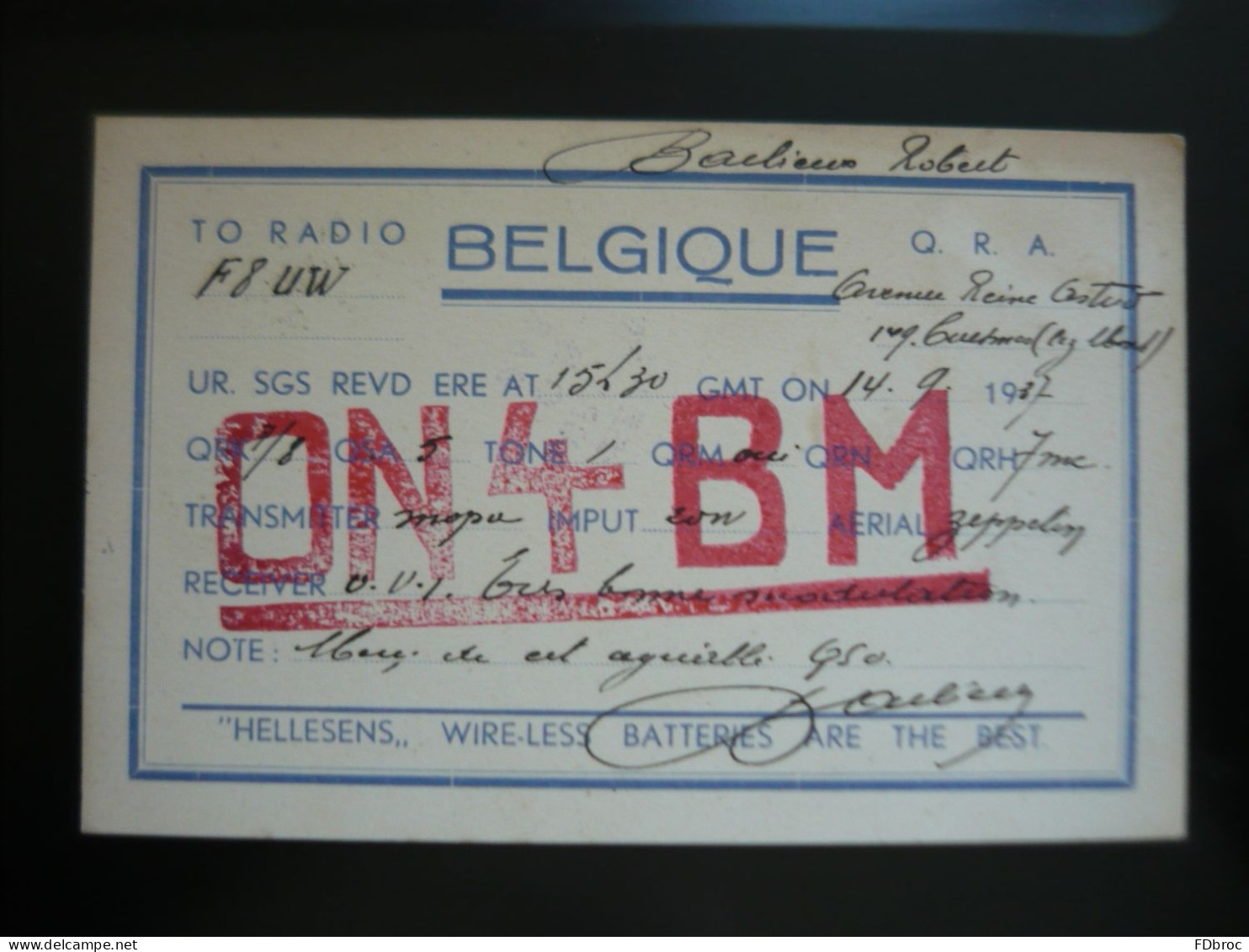 Carte QSL Radio Amateur BELGIQUE ON4BM  Année 1937 Réseau Belge - Radio Amateur