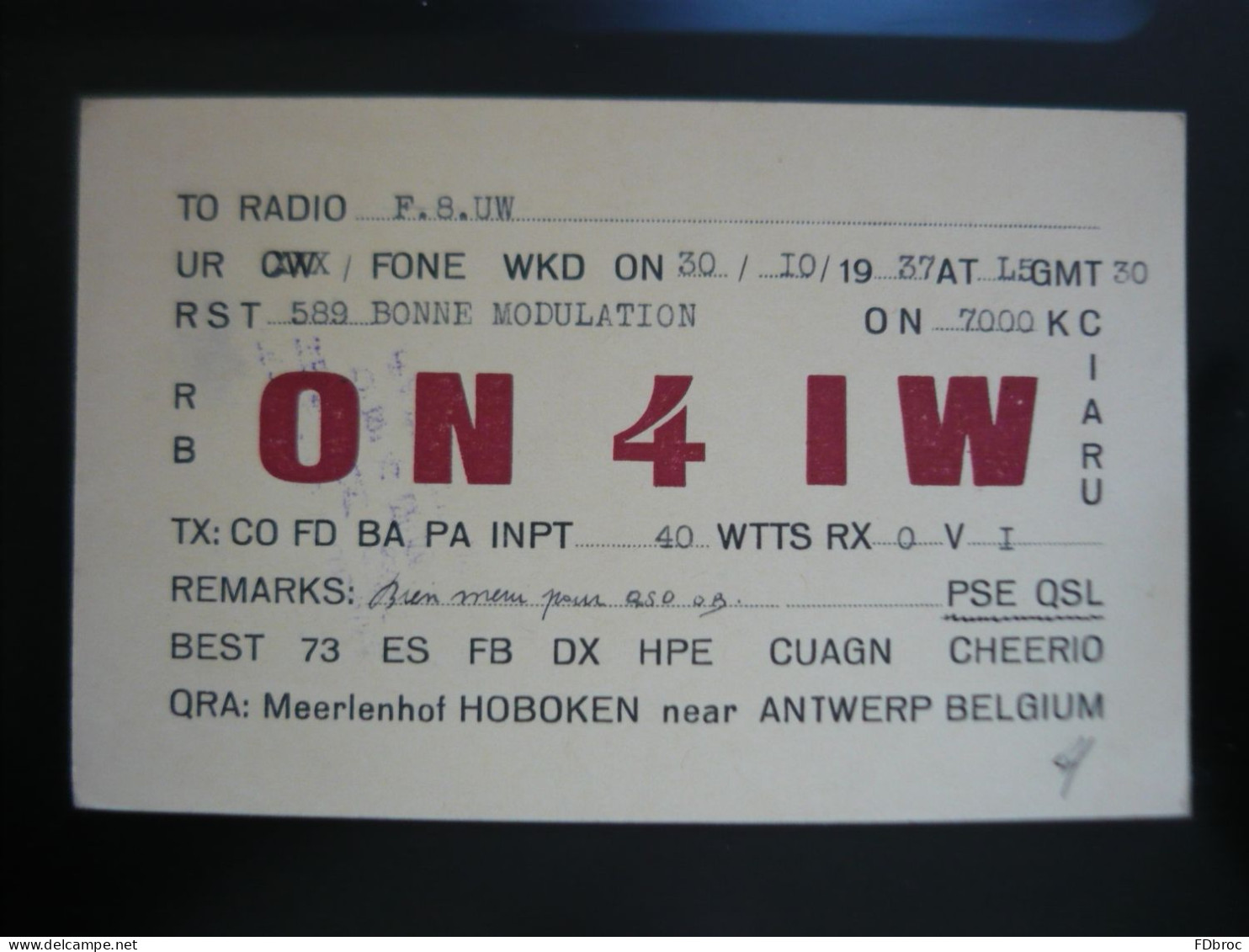 Carte QSL Radio Amateur BELGIQUE ON4IW  Année 1937 Réseau Belge - Amateurfunk