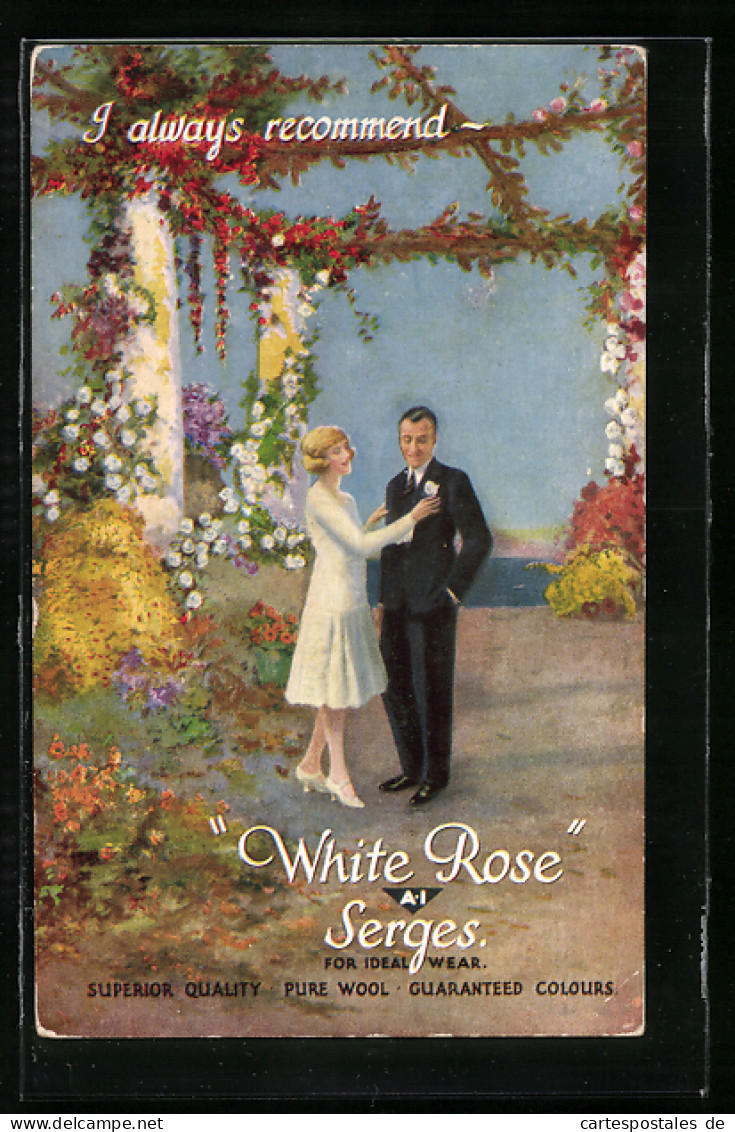 AK Ein Turtelndes Paar Zwischen Blühenden Blumen In Feiner Kleidung, Reklame Für White Rose Serges  - Advertising