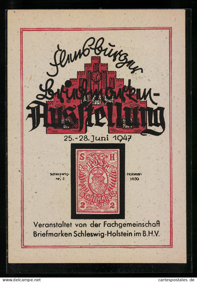 AK Flensburg, Briefmarken-Ausstellung 1947, Briefmarke Schleswig-Holstein 1850  - Timbres (représentations)