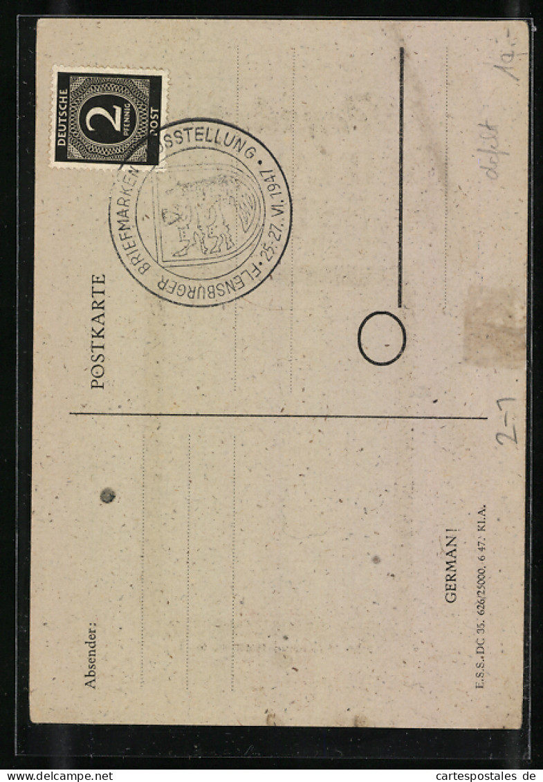 AK Flensburg, Briefmarken-Ausstellung 1947, Schleswiger 1-Schilling-Briefmarke  - Timbres (représentations)