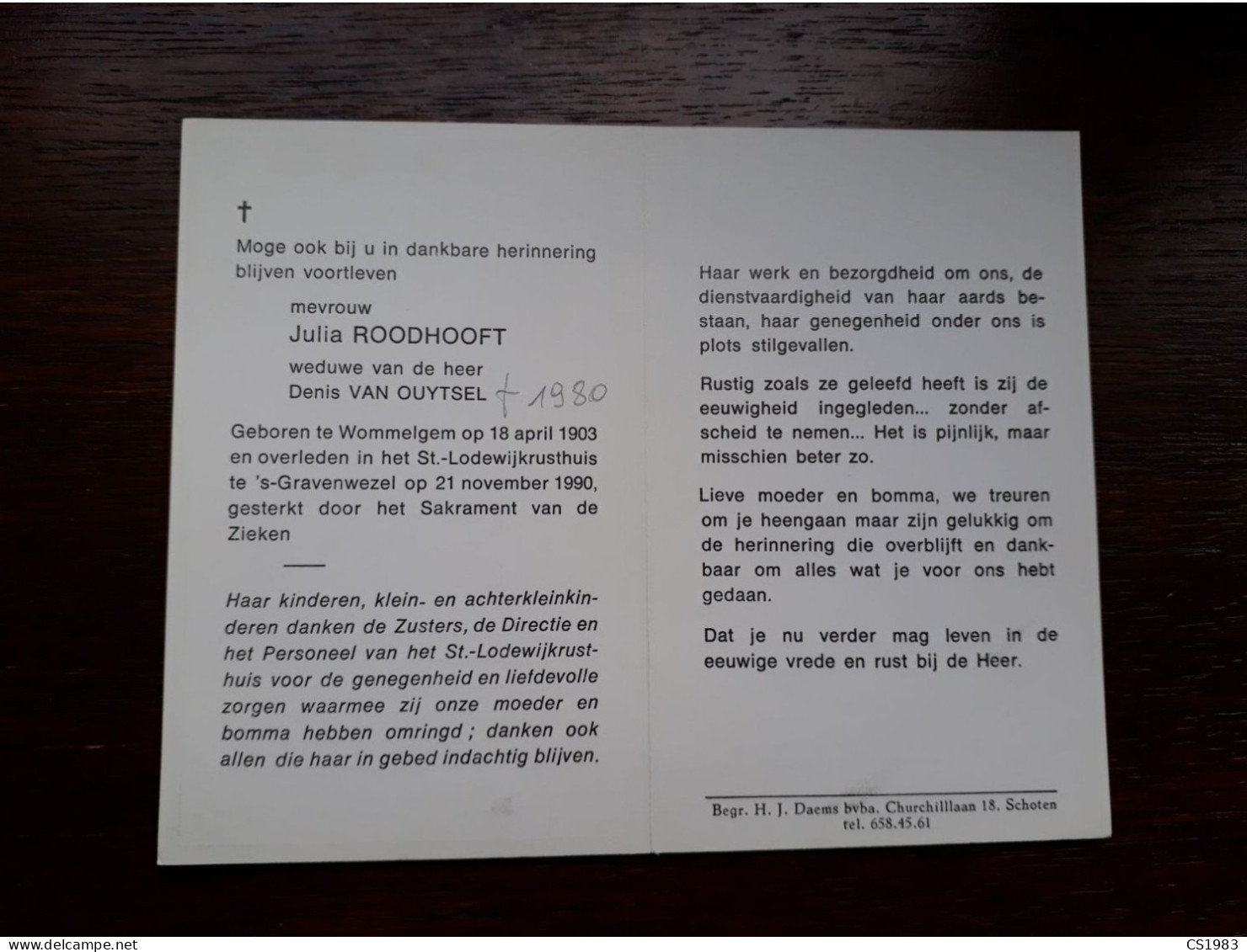 Julia Roodhooft ° Wommelgem 1903 + 's-Gravenwezel 1990 X Denis Van Ouytsel - Obituary Notices