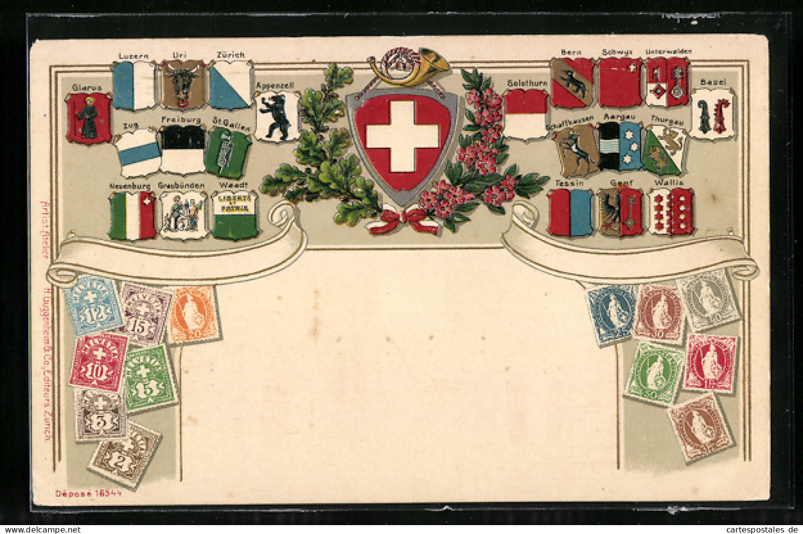 AK Briefmarken Und Wappen Der Schweiz  - Timbres (représentations)