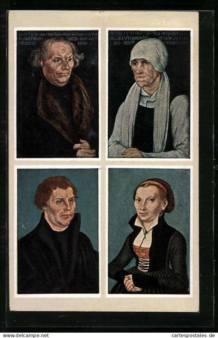 AK Portraits Martin Luther, Catharina V. Bora, Hans Luther & Margarethe Lindemann  - Personnages Historiques