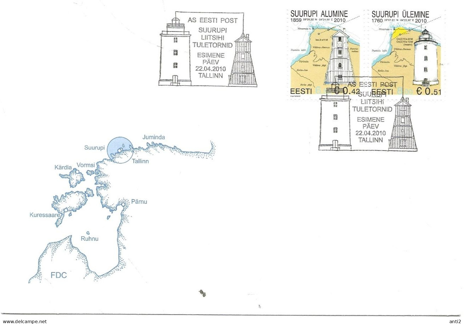 Estonia Eesti Estland 2010 Lighthouses (XVI). Suurupi, Lower Lighthouse (1859), Upper Lighthouse (1760) Mi 662-663   FDC - Estonie