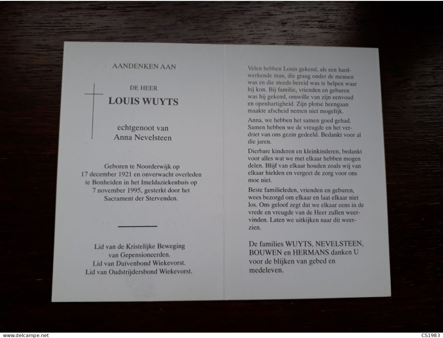 Louis Wuyts ° Noorderwijk 1921 + Bonheiden 1995 X Anna Nevelsteen (Fam: Bouwen - Hermans) - Wiekevorst - Overlijden