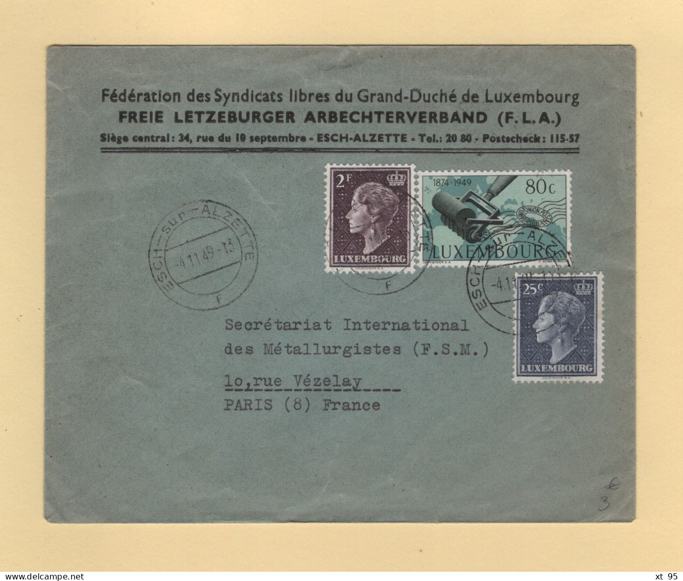 Luxembourg - Esch Sur Alzette - 1949 - Destination France - Lettres & Documents