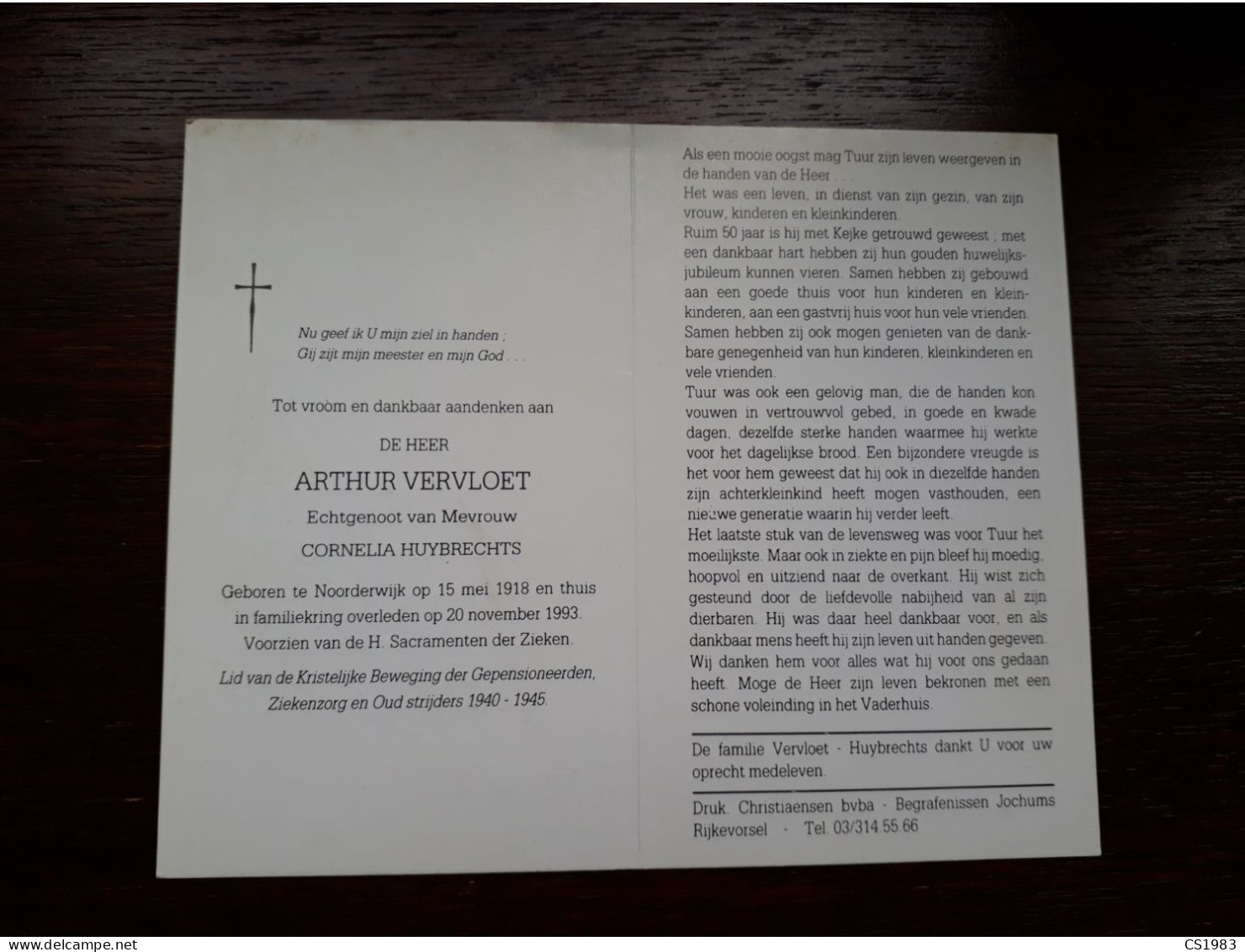 Arthur Vervloet ° Noorderwijk 1918 + 1993 X Cornelia Huybrechts - Begraf. Rijkevorsel - Obituary Notices