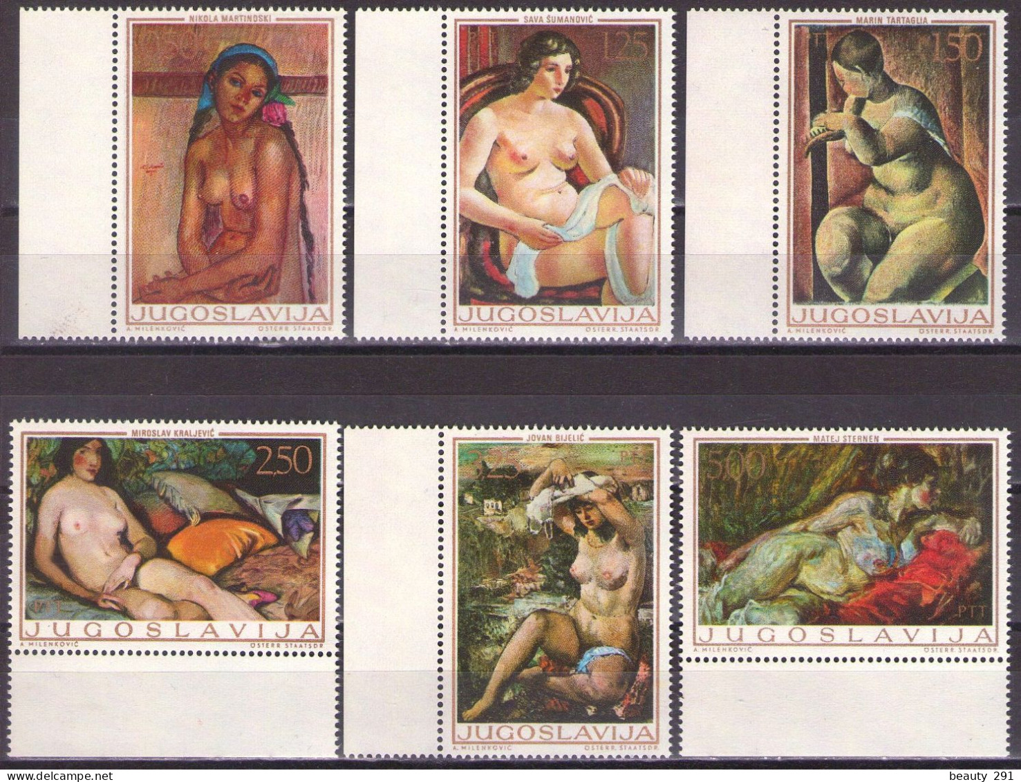 Yugoslavia 1969 - Art, Reproduction Nudes - Mi 1352-1357 - MNH**VF - Unused Stamps