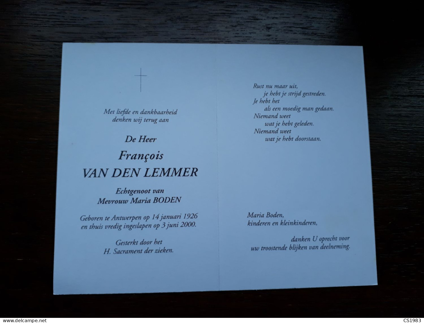 François Van Den Lemmer ° Antwerpen 1926 + 2000 X Maria Boden - Obituary Notices
