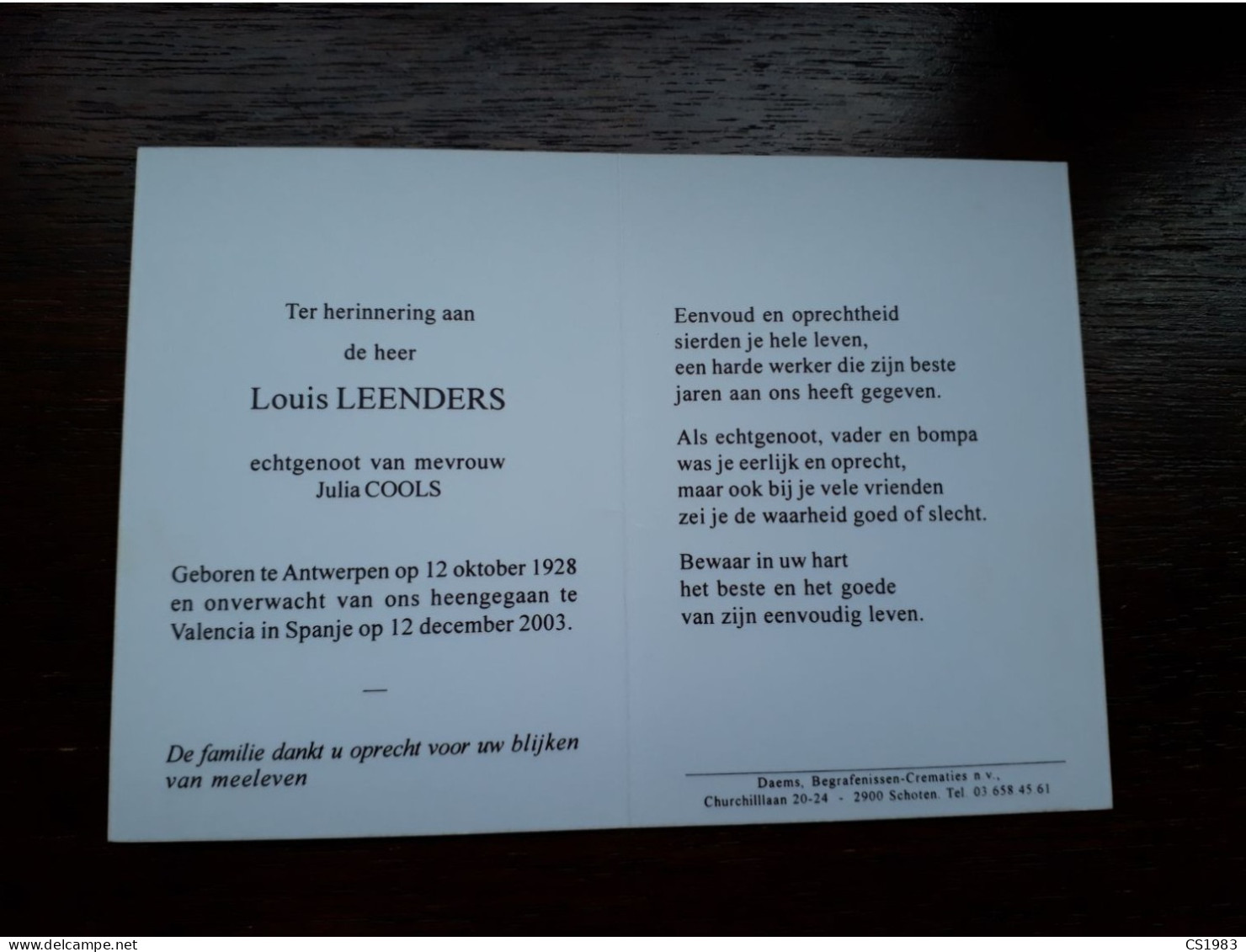Louis Leenders ° Antwerpen 1928 + Valencia (Spanje) 2003 X Julia Cools - Begraf. Schoten - Décès