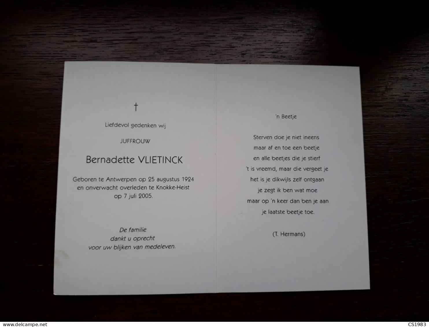 Bernadette Vlietinck ° Antwerpen 1924 + Knokke-Heist 2005 - Overlijden