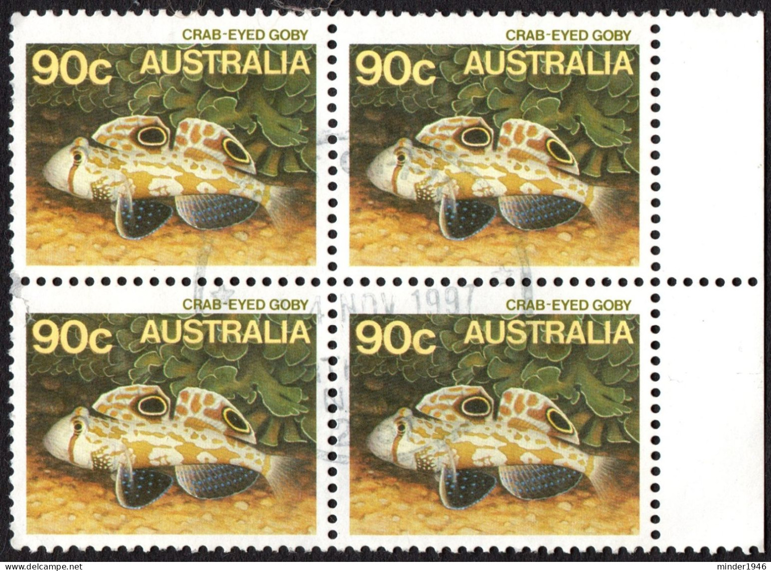 AUSTRALIA 1984 90c Block Of 4 Multicoloured, Marine Life-Crab-Eyed Goby Fish SG936 FU With Side Gutter - Sheets, Plate Blocks &  Multiples