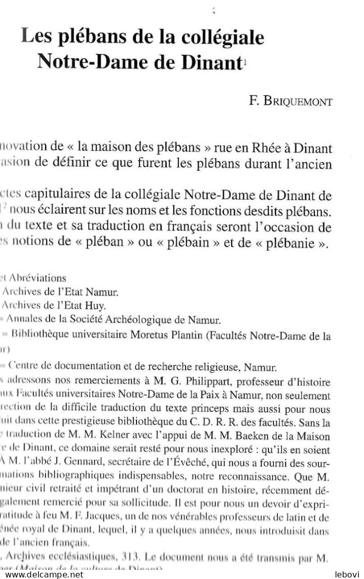 « Les Plébans De La Collégiale Notre-Dame De DINANT» BRIQUEMONT, F. Article De 32 Pages In «Annales De La Société---> - Belgique
