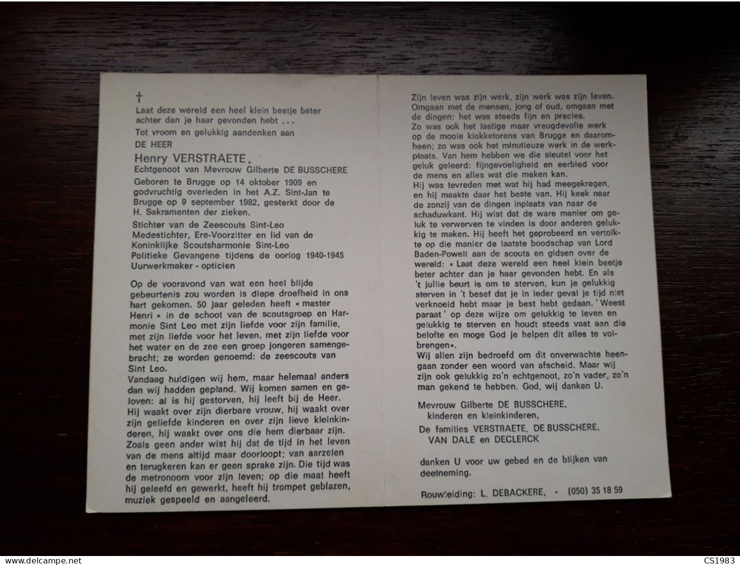 Stichter Van De Zeescouts - Henry Verstraete ° Brugge 1909 + Brugge 1982 X Gilberte De Busschere - Obituary Notices