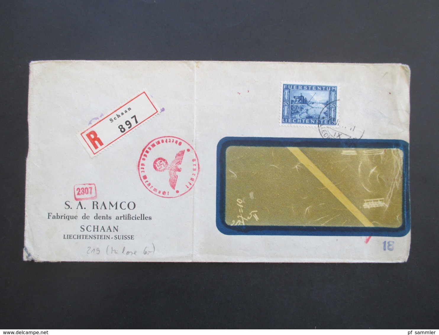 Liechtenstein 1943 Einschreiben Mit OKW Mehrfachzensur S.A. Ramco Fabrique De Dents Artificielles / Vignette Kunstzahn - Briefe U. Dokumente