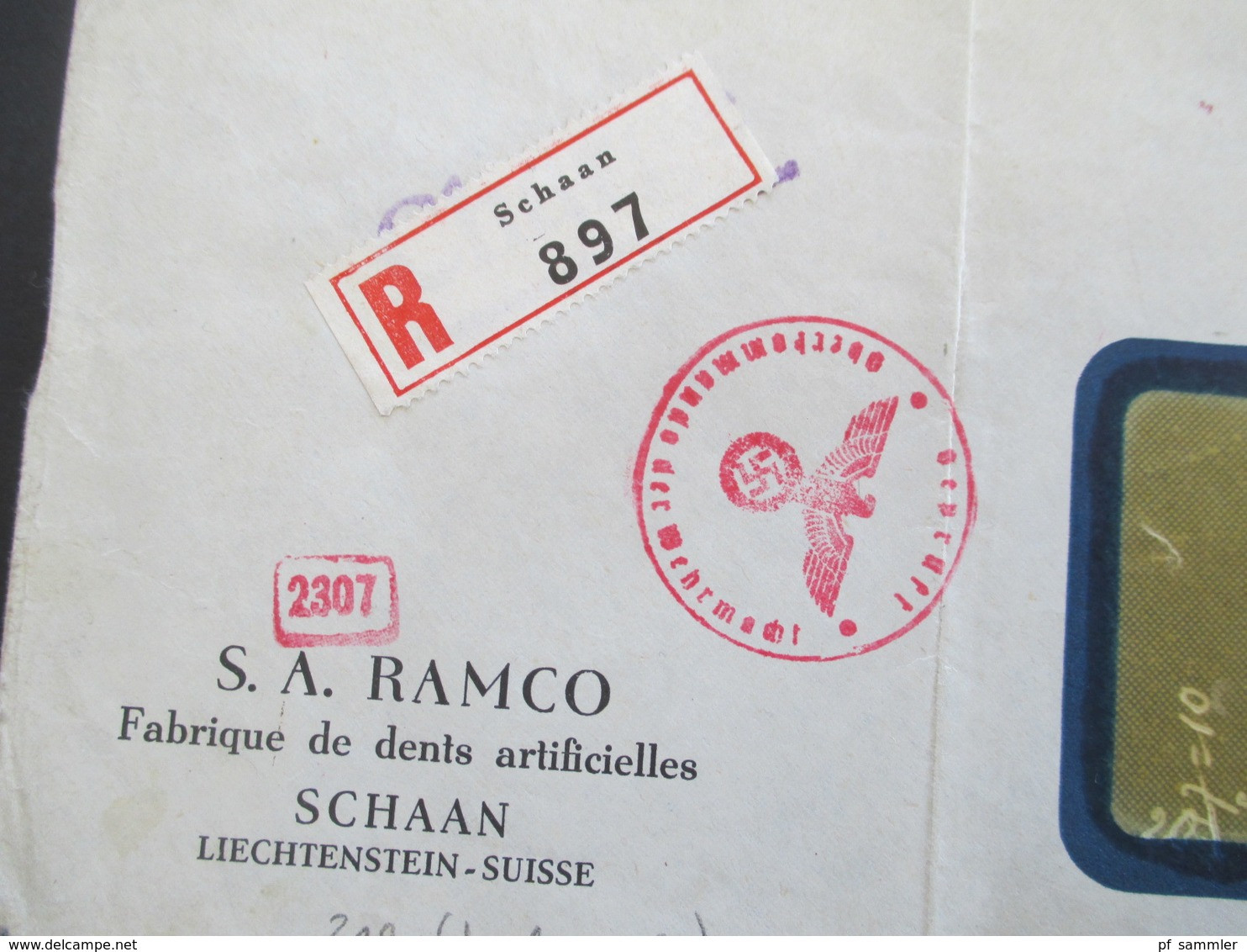 Liechtenstein 1943 Einschreiben Mit OKW Mehrfachzensur S.A. Ramco Fabrique De Dents Artificielles / Vignette Kunstzahn - Lettres & Documents