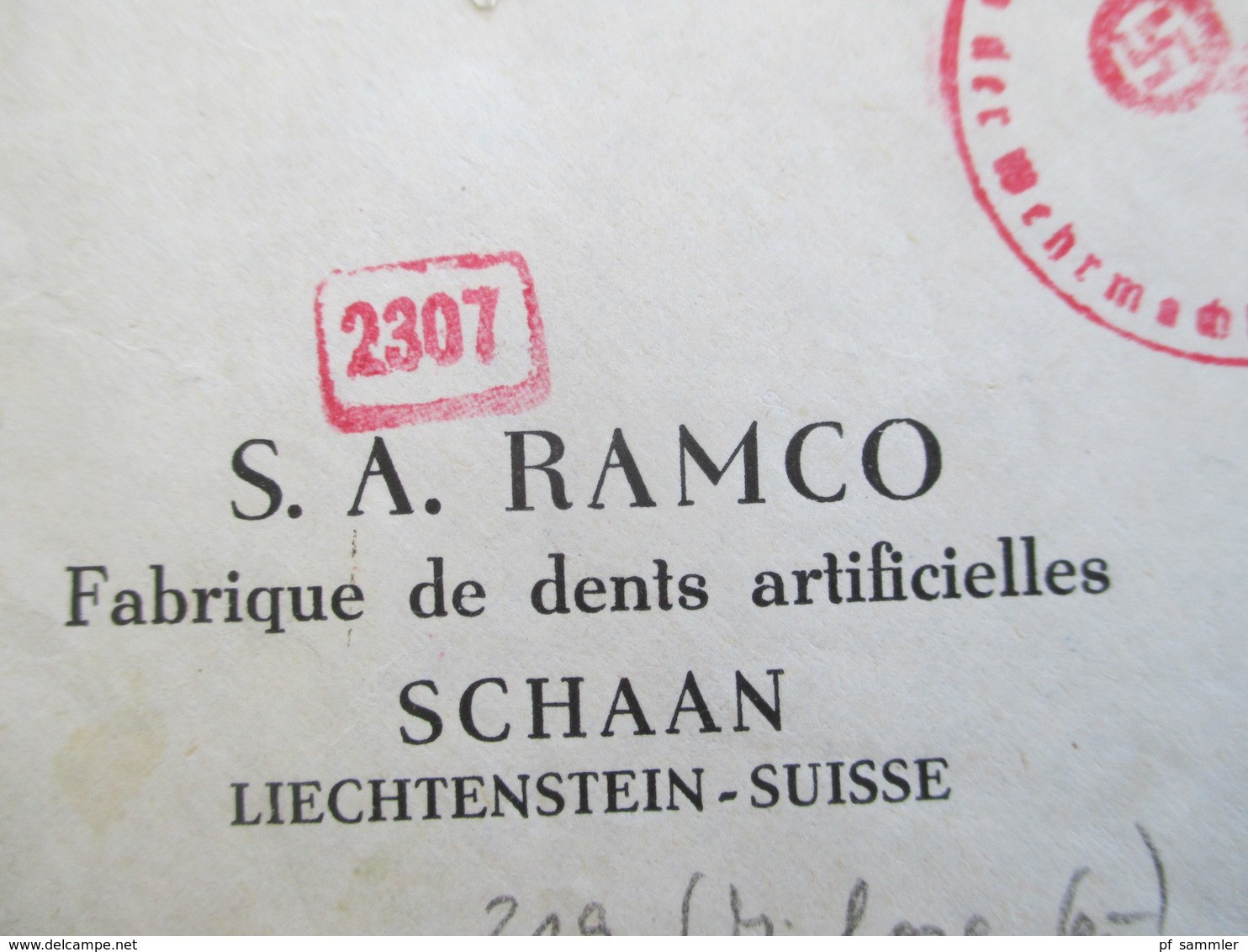Liechtenstein 1943 Einschreiben mit OKW Mehrfachzensur S.A. Ramco Fabrique de dents artificielles / Vignette Kunstzahn