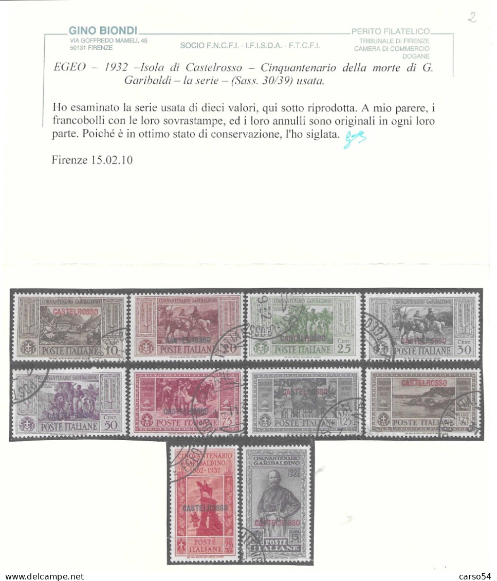 EGEO 1932 CINQUANTENARIO MORTE DI GARIBALDI -SERIE COMPLETA 14 ISOLE -SASSONE 6.500 EURO