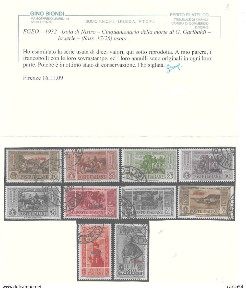 EGEO 1932 CINQUANTENARIO MORTE DI GARIBALDI -SERIE COMPLETA 14 ISOLE -SASSONE 6.500 EURO