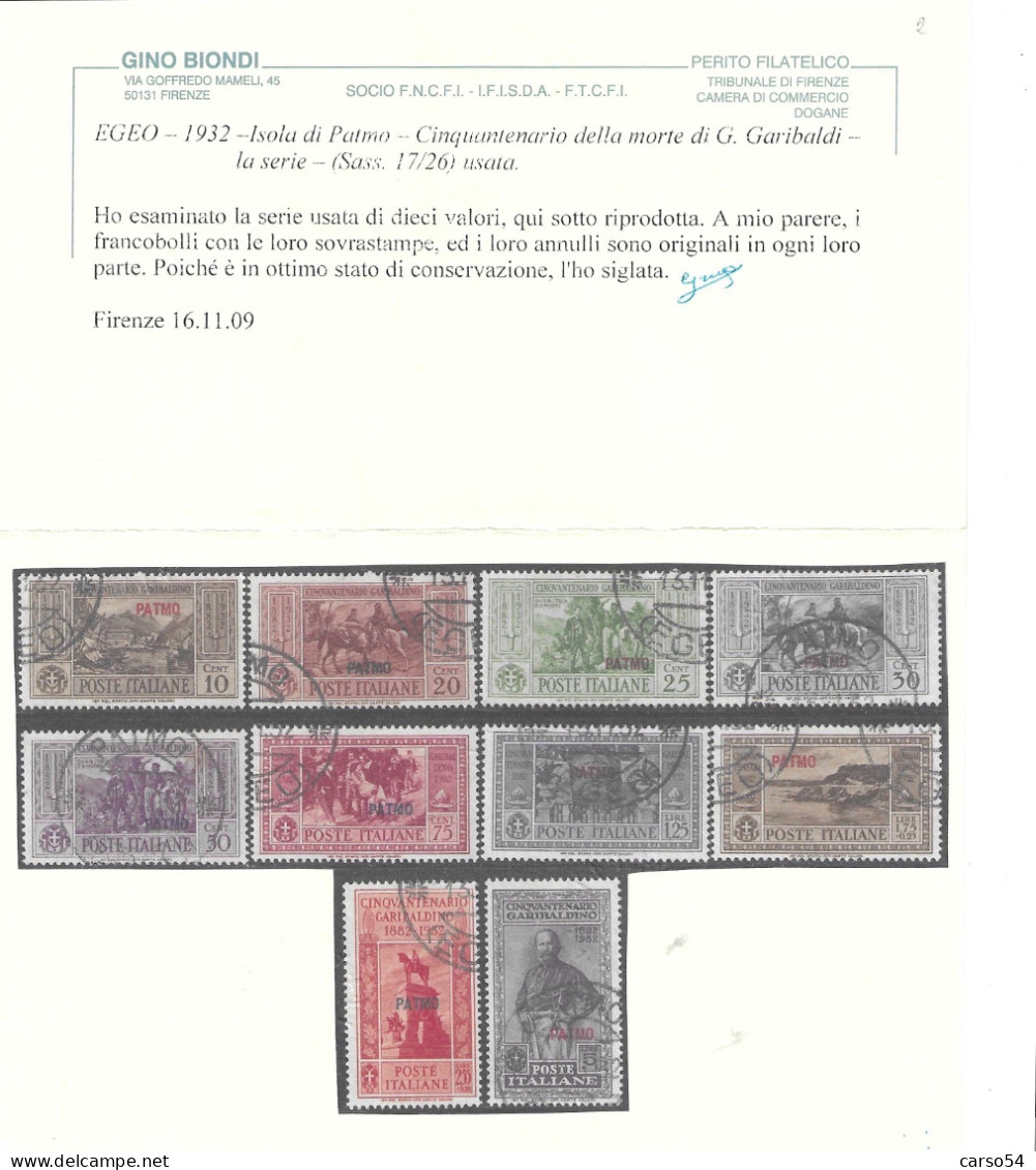 EGEO 1932 CINQUANTENARIO MORTE DI GARIBALDI -SERIE COMPLETA 14 ISOLE -SASSONE 6.500 EURO